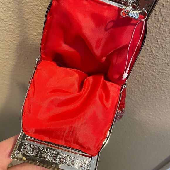 La viola Vintage Red Satin LOVE Beads with Hearts Long Chain Crossbody Purse - Picture 12 of 16